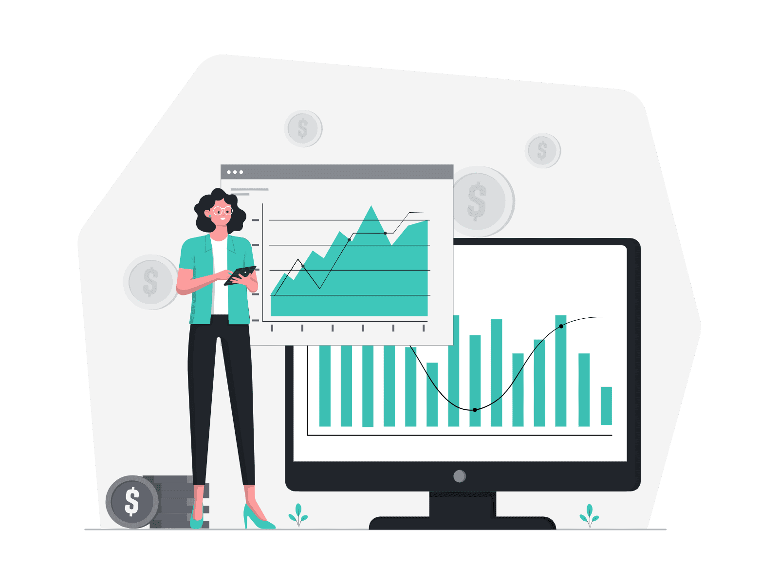 Person præsenterer grafer og søjlediagrammer